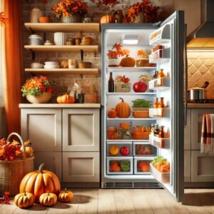 Modern kitchen with fall colors and an open, organized refrigerator showcasing fresh food and seasonal accents.